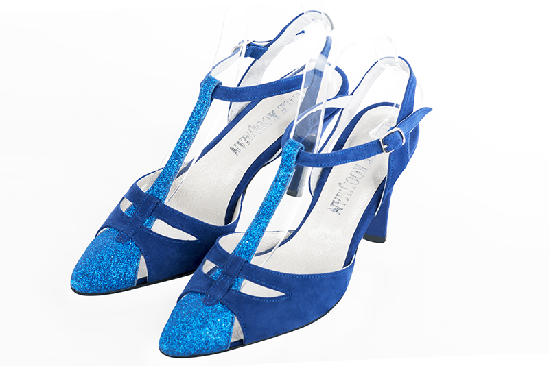 Electric blue women's open back T-strap shoes. Tapered toe. High slim heel. Front view - Florence KOOIJMAN